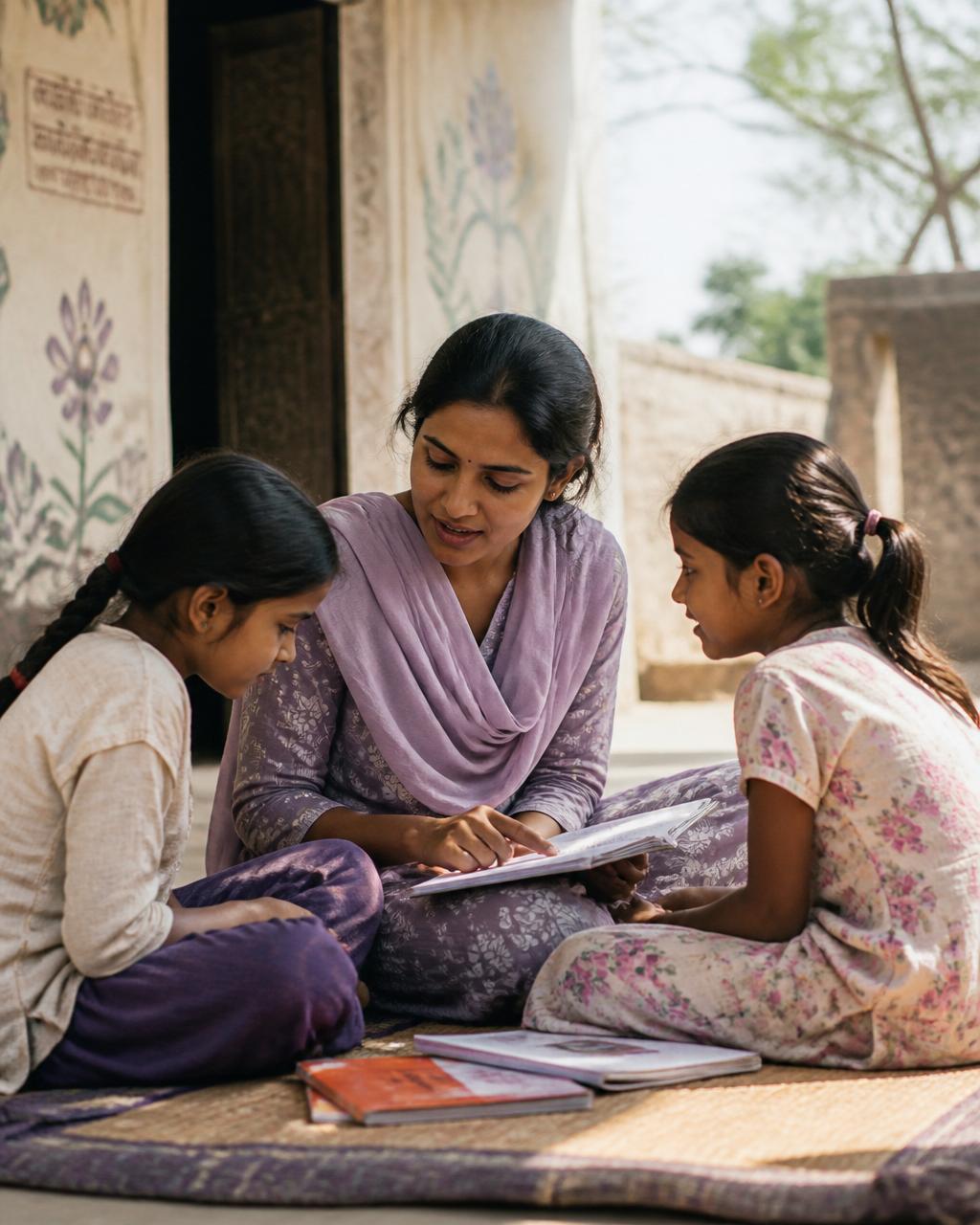 A community teacher reading with two young girls on a woven mat in a sunlit courtyard.